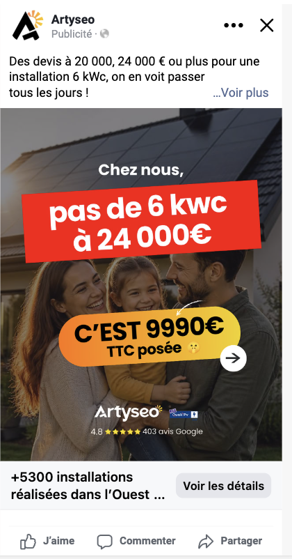 Publicité Meta Artyseo : pas de 6 kWc à 24 000 €, c'est 9 990 € TTC posée