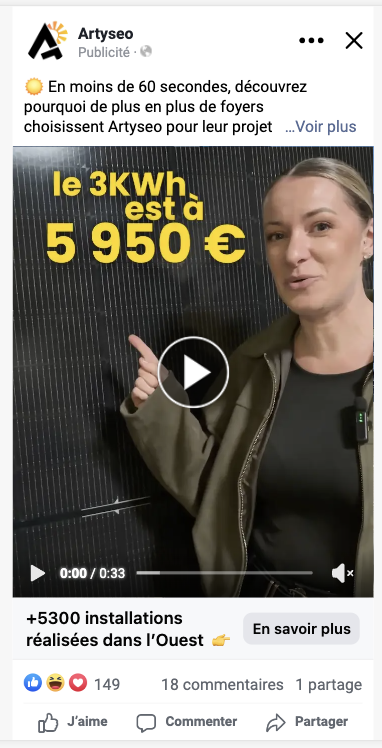 Publicité vidéo Meta Artyseo : le 3 kWh est à 5 950 €