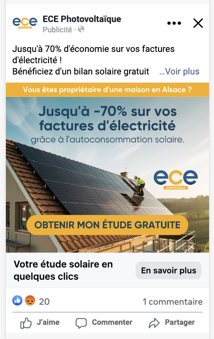 Publicité Meta ECE Photovoltaïque : jusqu'à -70 % sur vos factures d'électricité