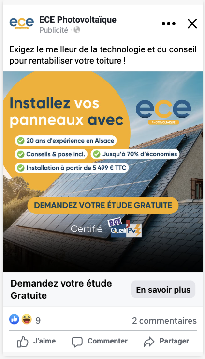 Publicité Meta ECE Photovoltaïque : 20 ans d'expérience, certifié RGE QualiPV